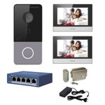 Kit complet videointerfon IP Hikvision pentru 1 familie, 2 posturi de interior, Hikvision