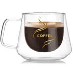 Ceasca cafea 200 ml, din sticla cu pereti dubli, Quasar & Co.®, termorezistenta, model rotund, mesaj COFFEE