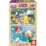 Puzzle din lemn Educa - Disney Princesses: Snow-White and Ariel, 2x50 piese (15592), Educa