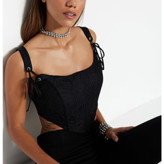 Trendyol, Top crop cu strat exterior de dantela, Negru, L