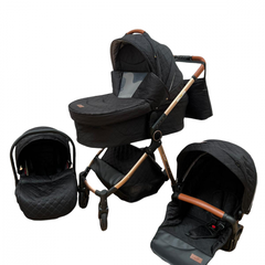 Carucior 3 in 1, L-Sun, cu 3 piese landou, sport si scoica, cu geanta, suspensii, T6 - negru