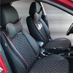 Set huse scaune auto universale, piele ecologica neagra cu material textil negru si cusaturi rosii, fata-spate