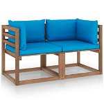 Canapea din paleti de gradina vidaXL, 2 locuri, perne bleu, lemn pin, 64 x 64 x 70 cm, 23.1 kg