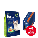 BRIT Cat Premium by Nature Sterilised salmon 8 kg + 6x100g GRATIS plic hrana pisica sterilizata, somon, BRIT