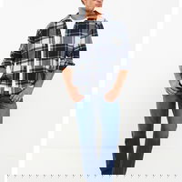 LC WAIKIKI, Camasa relaxed fit cu model in carouri, Alb, Albastru marin, 2XL