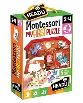 Puzzle Headu Montessori Primul meu puzzle - Ferma, 6 piese, 5 figurine lemn, Headu