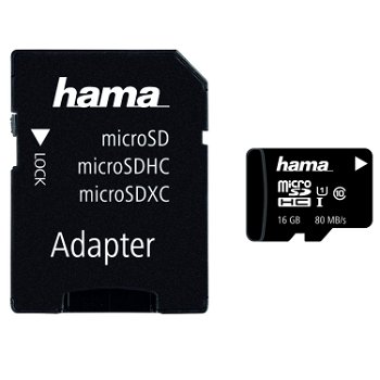 Card de memorie HAMA 124150, microSDHC, 16GB, 80MB/s, clasa 10, UHS-I, adaptor