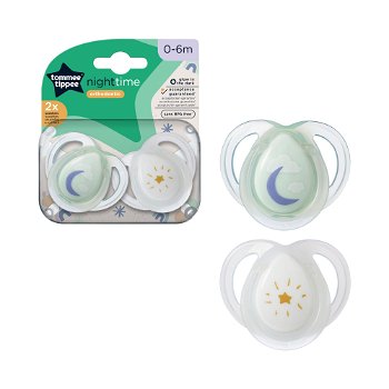 Suzeta Tommee Tippee de noapte, design ortodontic simetric, fara BPA, include cutie de sterilizare, 0-6 luni, 2 buc, alb verde