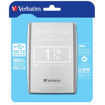 Hard Disk extern VERBATIM Store 'n' Go, 1TB, USB 3.0, argintiu