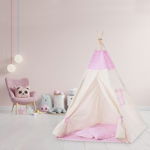 Cort copii stil indian Teepee Tent Kidizi Pink Stars, include covoras gros, 2 perne si stabilizator