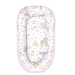 Cosulet bebelus, MimiNu, Pentru dormit, Cu doua fete, Baby Nest 105x66 cm, Husa 100% bumbac si catifea moale, Materiale certificate Oeko Tex Standard 100, Cu salteluta, Detasabila, Velvet Sweet Deer Pink, MimiNu