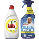 Pachet Detergent de vase Fairy Lemon 450 ml + Detergent universal degresant spray Mr Proper Ultra Power Lemon, 750 ml