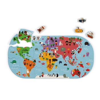 Jucarie pentru baie - Puzzle Harta lumii cu 28 de piese si 4 vehicule din spuma