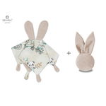 MimiNu - Set jucarie de plus cu urechi si labute din catifea si bumbac + Jucarie zornaitoare Mini Bunny din catifea matlasata, Materiale certificat Oeko Tex Standard 100, Design, Zoo on Bikes Nugat/Beige