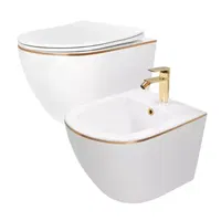 Set vas WC suspendat Rea Carlo alb - auriu cu capac softclose si bideu alb