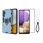 Set protectie 3 in 1 pentru Samsung Galaxy A34 5G cu husa hybrid antisoc cu stand inel, folie sticla ceramica fullsize, 2 folii sticla pentru camera si breloc, dark blue