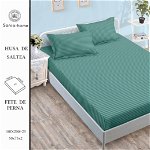 Husa de pat cu elastic 180x200 din Bumbac Finet + 2 Fete de Perna - Uni Cu Linii Verde, SONIA-HOME