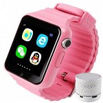 Smartwatch cu GPS Copii si Seniori iUni V8K, Pedometru, Touchscreen 1.54' BT, Notificari, Camera, Pink + Boxa