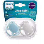 Suzeta PHILIPS AVENT Ultra Soft SCF091/17, 6-18 luni, 2 buc, gri-albastru