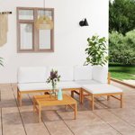 Set mobilier grădină cu perne crem, 5 piese, lemn masiv de tec