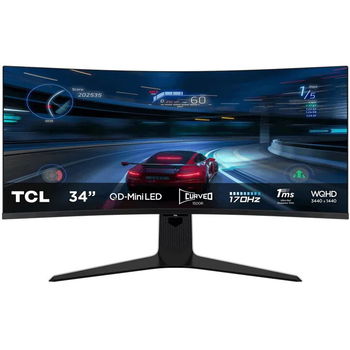 Monitor TCL 34" 34R83Q, Curvature: 1500R, Diagonal (inch): 34, Diagonal (cm): 86, Aspect ratio: 21:9, Panel: QD-Mini LED, Resolu, TCL