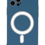 Husa iPhone 12 Pro din silicon cu MagSafe, silk touch, interior din catifea cu decupaje pentru camere, Albastru inchis, OEM