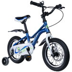 Bicicleta pentru copii 5-8 ani HappyCycles KidsCare, roti 16 inch, cu roti ajutatoare si frane pe disc, albastru, KidsCare