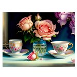 Tablou canvas set ceai cu vaza trandafiri, roz, albastru, mov 1129 - Material produs:: Poster pe hartie FARA RAMA, Dimensiunea:: A3 29,7x42 cm, 