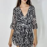 Rochie vaporoasa Evelina, din voal, maneca trei sferturi si curea inclusa, Animal print zebra, Marime universala S/M, FashionForYou