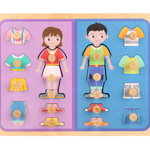 Puzzle incastru cu piese groase pentru copii Imbraca fata si baiatul, 18 piese, multicolor, din lemn, Krista