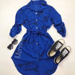Rochie ieftina casual stil camasa albastra cu Scris si cordon in talie