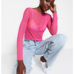 Trendyol, Bluza crop semi-transparenta, Roz, L