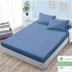 Husa de pat cu elastic 160x200 din Bumbac Finet + 2 Fete de Perna - Albastru, 