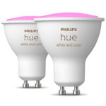 Pachet 2 becuri LED RGB inteligente Philips Hue, Bluetooth, Zigbee, GU10, 5W (35W), 350 lm, lumina ambianta alba si color