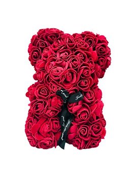 Ursulet Dragalas En-gros din Trandafiri de spuma, cu fundita, ambalat in cutie transparenta de cadou, Visiniu, 28×17.5×17.5cm, 