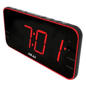 Radio cu ceas Akai, Aux-In, USB, 1 A Charger, afisaj LED, AM/FM, functie snooze/sleep, Negru