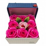 Aranjament floral 9 trandafiri sapun in cutie, rosu, roz, 