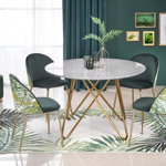 Set masa din MDF si metal Bonello Gri / Auriu + 4 scaune tapitate cu stofa K372 Verde inchis / Auriu, Ø120xH76 cm