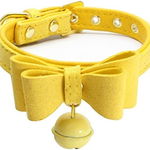 Guler cu papion si clopotel pentru caini Mcdobexy, piele PU/metal/ textil, galben/auriu, M, 29-38 cm