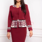 Compleu office rochie si sacou marsala din stofa cu imprimeu traditional