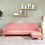 Canapea extensibila cu taburet vidaXL, 2 locuri, roz, catifea, 220 x 84,5 x 69 cm, 29.65 kg