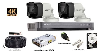 Kit complet supraveghere video 2 camere Hikvision 8 MP (4K), IR 60M, HDD 1 TB, HIKVISIONKIT