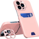 Husa din piele pentru iPhone 14 Pro Max cu suport pentru card si suport in culoarea roz, ForIT
