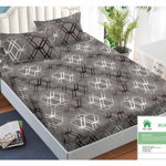 Husa de pat cu elastic 140x200 din Bumbac Finet + 2 Fete de Perna - Hexagoane Gri, 