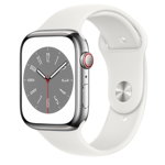 Smartwatch Apple Watch S8 Cellular, ecran LTPO OLED, Bluetooth, Wi-Fi, GPS, Bratara Silicon 45mm, Carcasa otel, Rezistent la apa 5ATM (Alb), Apple
