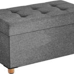 Bancheta cu spatiu pentru depozitare Chesterfield, Vasagle, 76 x 38 x 38 cm, tesatura aspect in/MDF, picioare din lemn, gri inchis, Vasagle