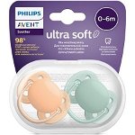 Suzeta PHILIPS AVENT Ultra Soft SCF091/03, 0-6 luni, 2 buc, verde-portocaliu