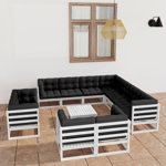 Set mobilier de gradina cu perne vidaXL, 12 piese, alb, lemn masiv pin, 70 x 70 x 67 cm, 69.64 kg