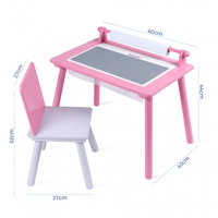 Birou pentru copii Roz cu tabla compatibila cu piese LEGO Clasic, din MDF, cu Scaunel, Rola de desen, Spatiu de depozitare, Blat reversibil, Suporto