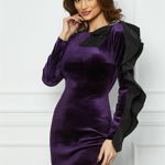 Rochie LaDonna mov din catifea cu funda si volan pe maneca, 